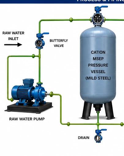 Cation Unit 5 m3 per hour MSEP pressure vessel with raw water pump and interconnecting piping