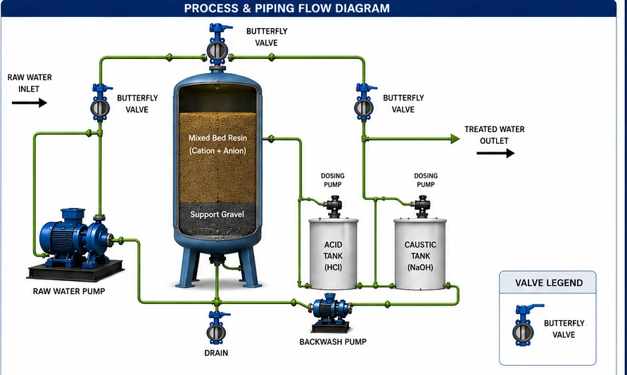 Process and piping flow diagram of the Mixed Bed Unit showing raw water inlet, butterfly valves, mixed bed vessel, dosing pumps, acid and caustic tanks, backwash pump and drain